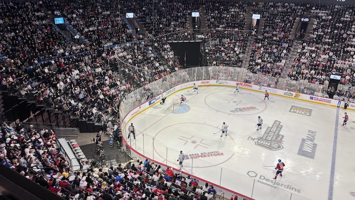 Une foule de partisans, assis, regardant le match sur la patinoire.