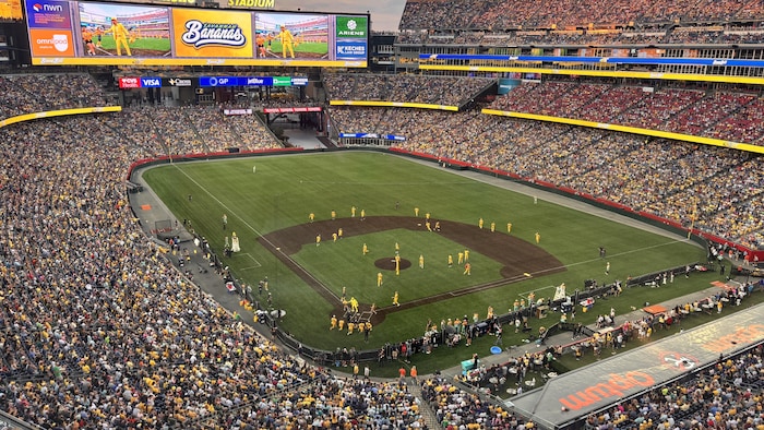 Une foule regarde des joueurs de baseball.