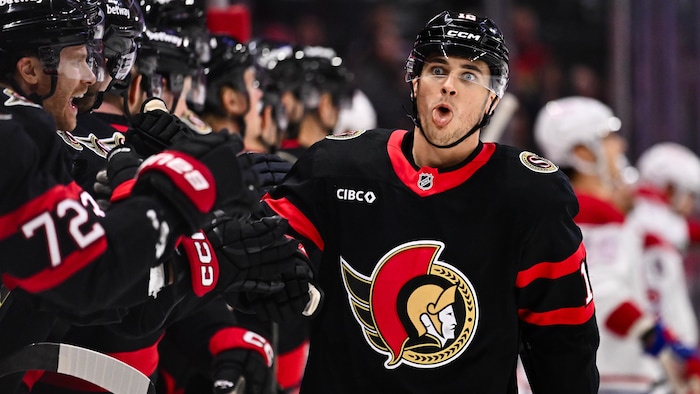 Un joueur de hockey fait une grimace après avoir marqué un but.