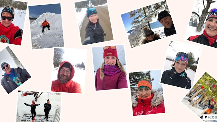 Un collage de plusieurs photos de coureurs dehors l'hiver