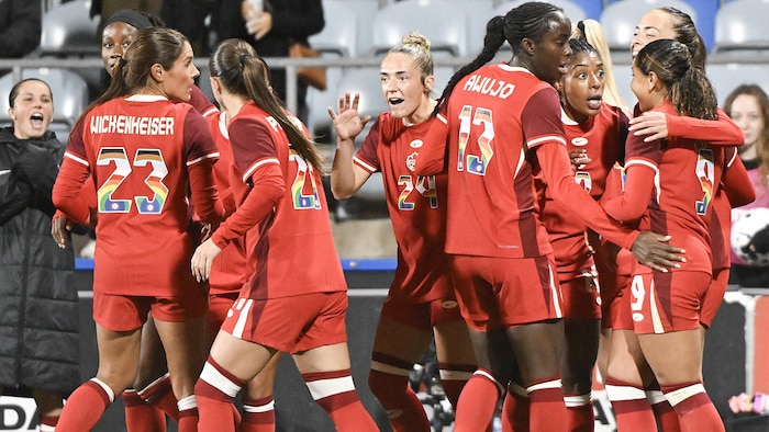 Des joueuses de soccer célèbrent un but.