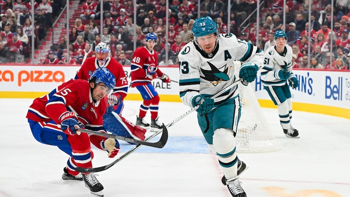 Des joueurs de hockey pourchassent la rondelle.
