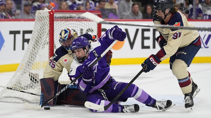 Une joueuse de hockey tombe sur une gardienne de but. 
