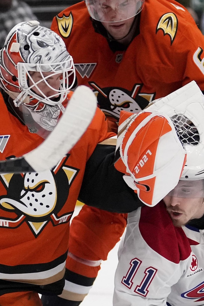 Un gardien de hockey met son gant au visage d'un joueur adverse.