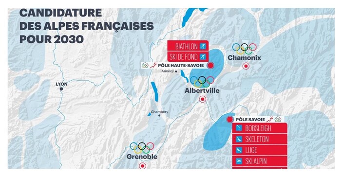 Dessin d'une carte des alpes françaises avec des inscriptions de villes et de sports 