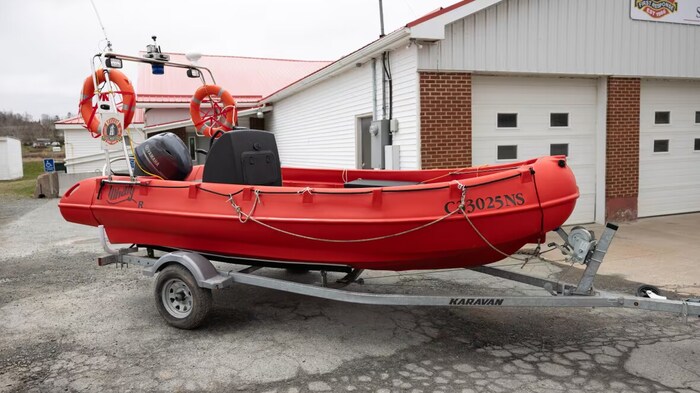 Un bateau de sauvetage rouge sur une remorque