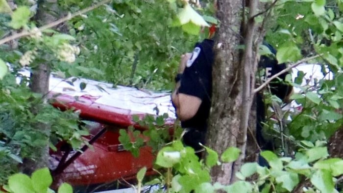 Un policier regarde l'épave de l'aéronef.