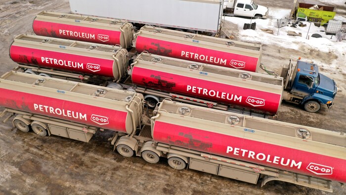 Des camions-citernes transportant du pétrole ou de l'essence à la raffinerie Co-op de Regina, en Saskatchewan, en mars 2022.