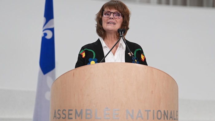 Manon Jeannotte derrière un micro dans l'Agora de l'Assemblée nationale.