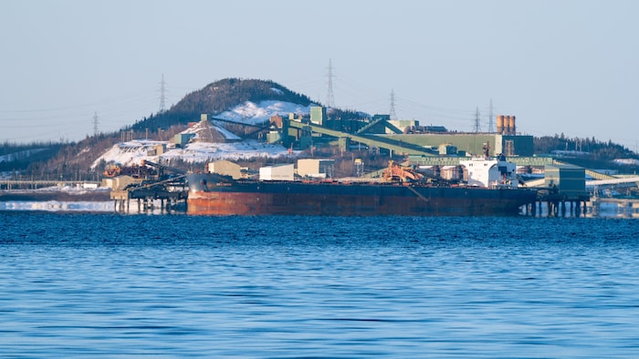 Un gros navire est amarré à un quai pour un transbordement de marchandises.