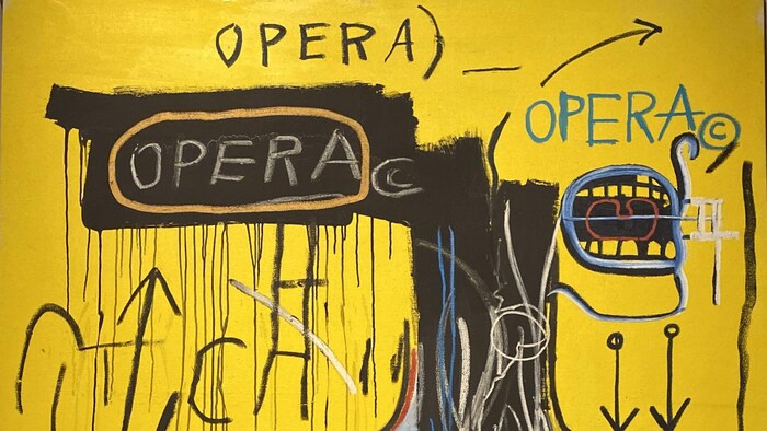 Détail de l'œuvre "Anybody speaking words" de Jean-Michel Basquiat, 1982, faisant partie de l'exposition "À plein volume : Basquiat et la musique" au Musée des Beaux-Arts de Montréal.