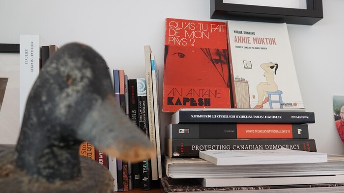 Un canard en bois et des livres.