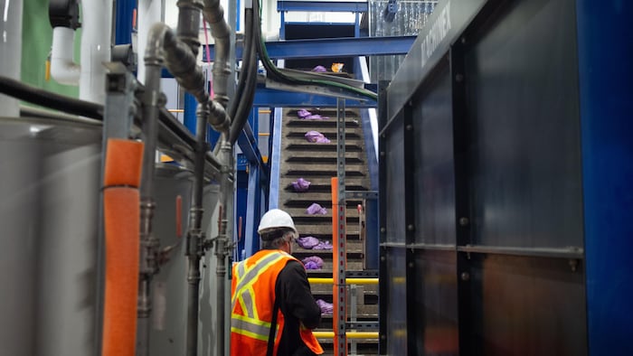 Un convoyeur transporte les sacs mauves dans le centre de récupération des déchets organiques.