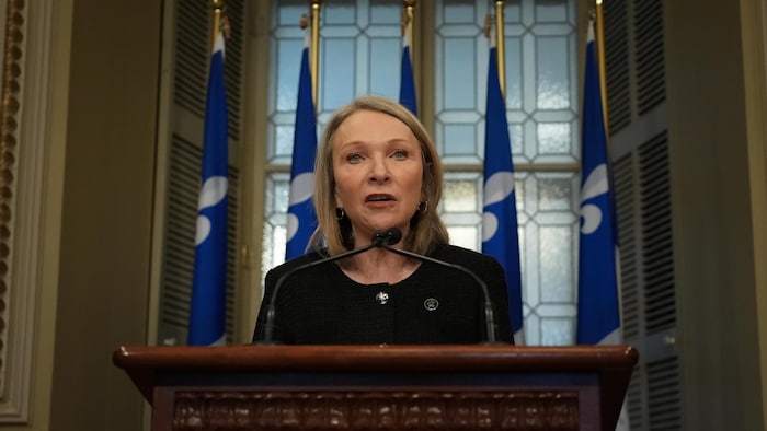 La ministre Sonia Bélanger s'adresse aux journalistes devant une tribune.