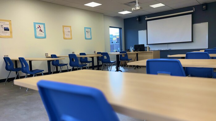 Une salle de classe vide.