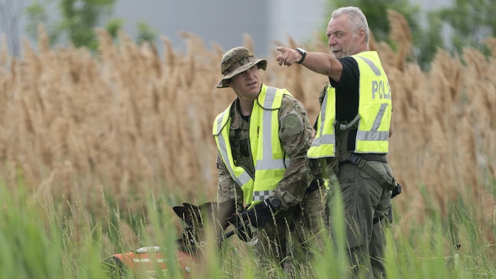 Un maître-chien et un autre agent de la SQ sont debout et discutent dans les broussailles.
