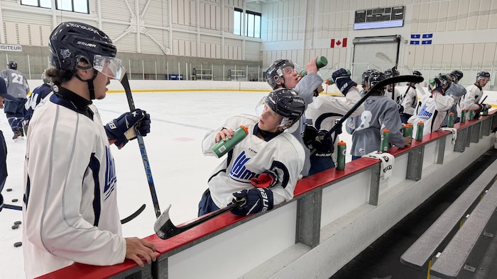 Des joueurs au repos sur la glace.