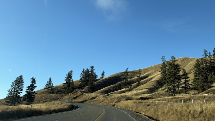 Une route et une colline sous un gros soleil.