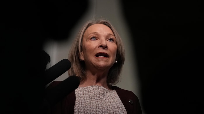 Sonia Bélanger lors d'un point de presse, le 12 février 2026.