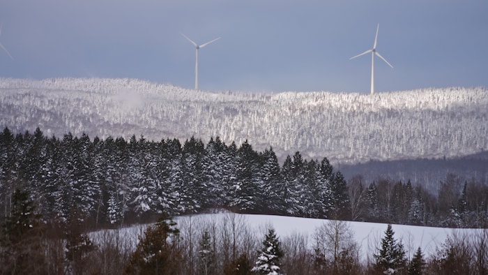 Deux éoliennes sur la crête de montagnes dans un paysage d'hiver.