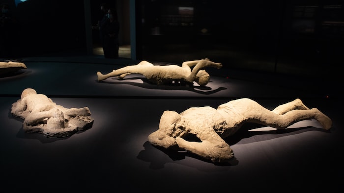 Les corps d'un enfant, d'une femme et d'un homme, figés dans l'ultime position qu'ils avaient avant de mourir.