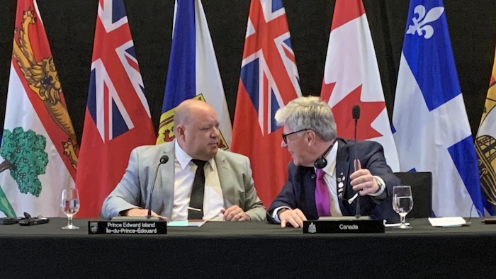 Gilles Arsenault et Tim Hodgson sont assis à une table devant des drapeaux. Ils sont tournés l'un vers l'autre et Tim Hodgson parle.