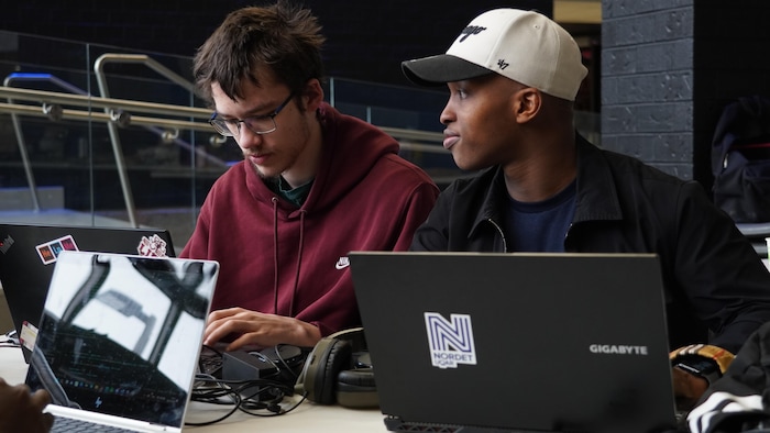 Deux étudiants derrière leurs écrans d'ordinateur.