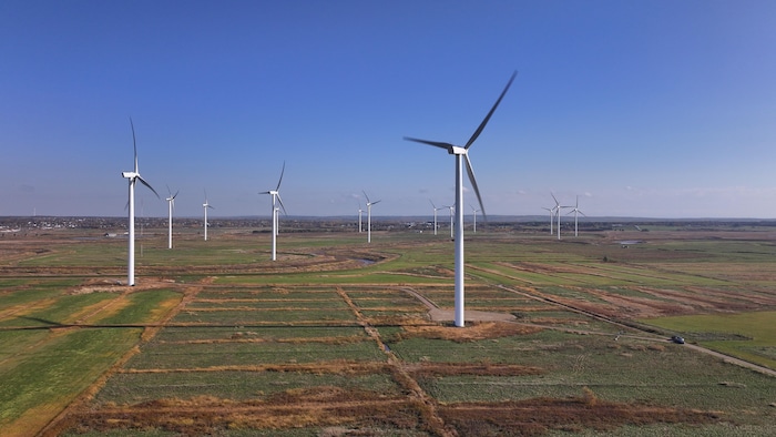 Photo prise par drone de plusieurs éoliennes plantées dans une région agricole.