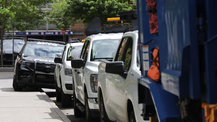 Des voitures blanches et une autopatrouille noire stationnées le long d'un trottoir