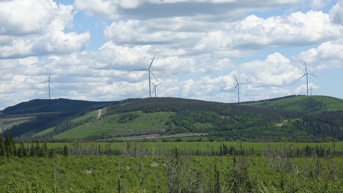 Des éoliennes sur des montagnes durant l'été.