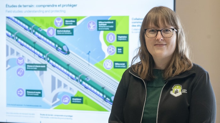 Magalie Noiseux-Laurin devant une représentation du projet de TGV.