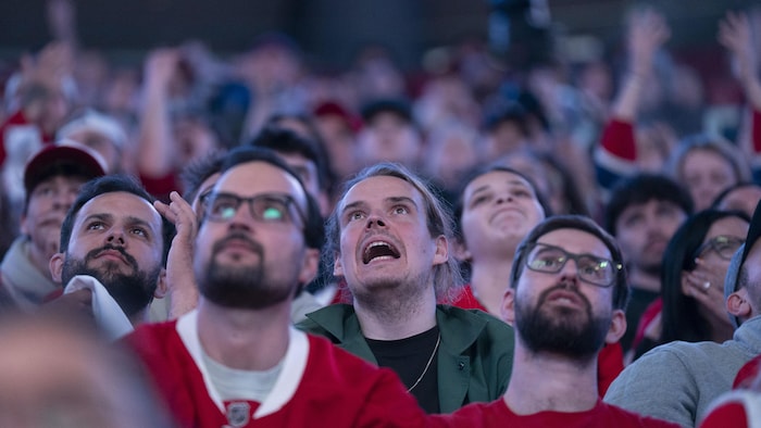 Des partisans regardent un match, l'air inquiet.