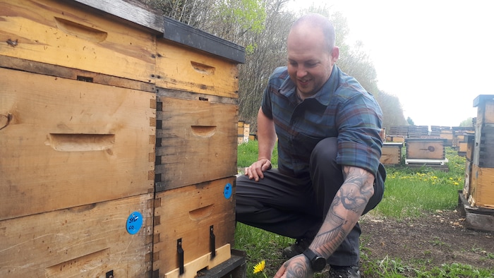 David-Lee Desrochers pose à côté de ses ruches.
