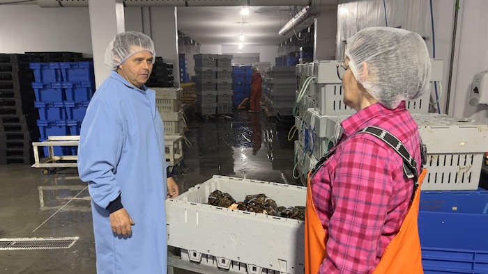 Le directeur discute avec une dame. Un bac de homards est à côté d'eux.