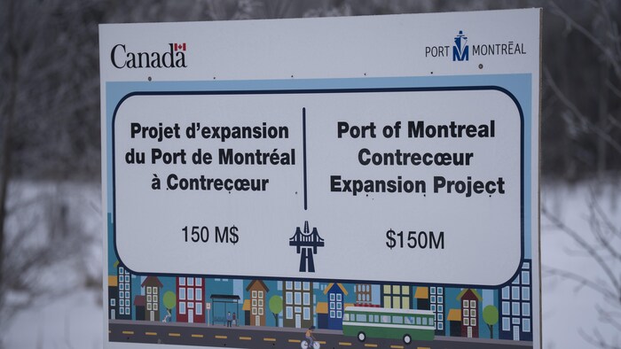 Une affiche du projet du terminal de Contrecœur.