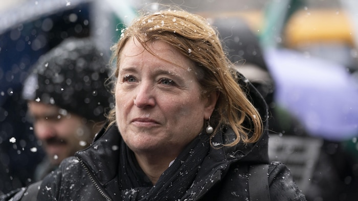 Elle est à l'extérieur, sous de légers flocons de neige.
