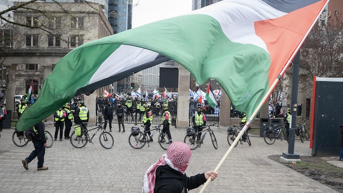 支持巴勒斯坦的抗議者向對面的抗議者揮舞巴勒斯坦國旗。