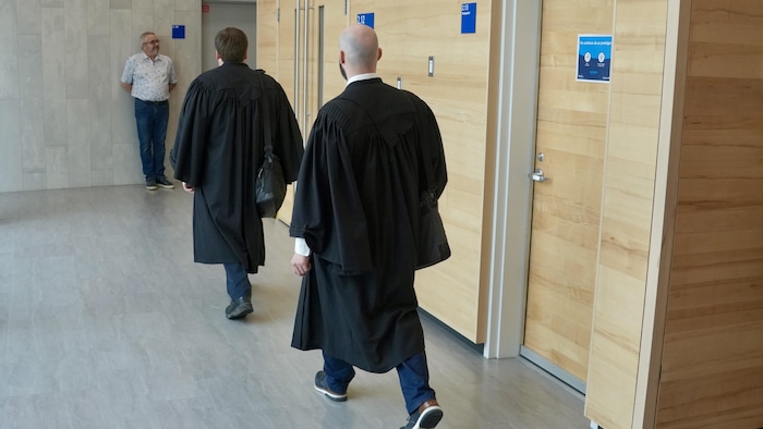 Des avocats marchent de dos au palais de justice.