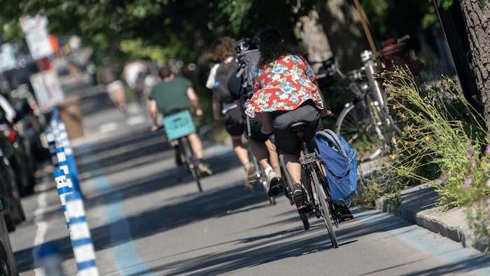 Des cyclistes roulent dans une voie réservée.