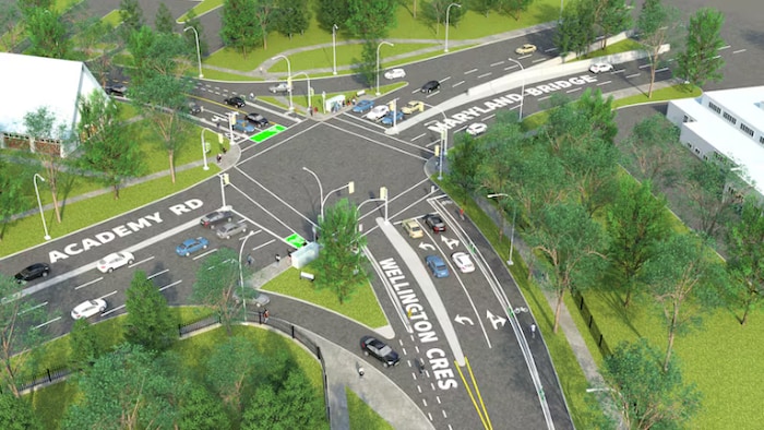 Représentation graphique schématique des futures pistes permanentes autour d'une intersection de Winnipeg.