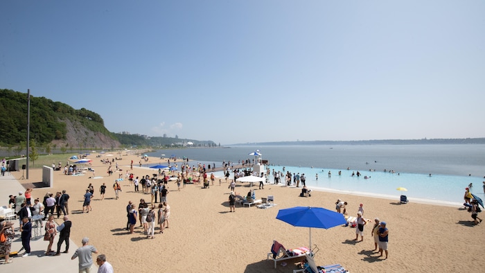 Vue de la Plage Samuel-De Champlain, une plage de sable animée avec une grande piscine peu profonde qui s'étend dans un large fleuve sous un ciel bleu clair. Une foule variée de personnes en maillot de bain et en tenue décontractée est dispersée sur le sable et dans l'eau, certaines se regroupant près de parasols bleus et d'un poste de sauveteur. Une falaise escarpée et boisée se dresse à l'arrière-plan sur la gauche, et une silhouette urbaine est visible au loin sur la droite, de l'autre côté de l'eau.