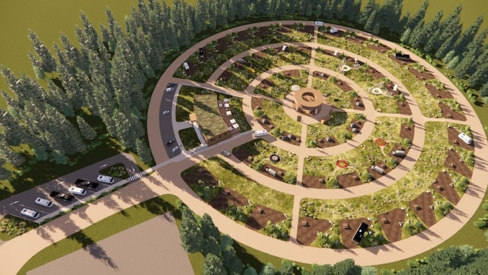 Emplacements de camping disposés sur des cercles concentriques divisés en quatre cadrans.