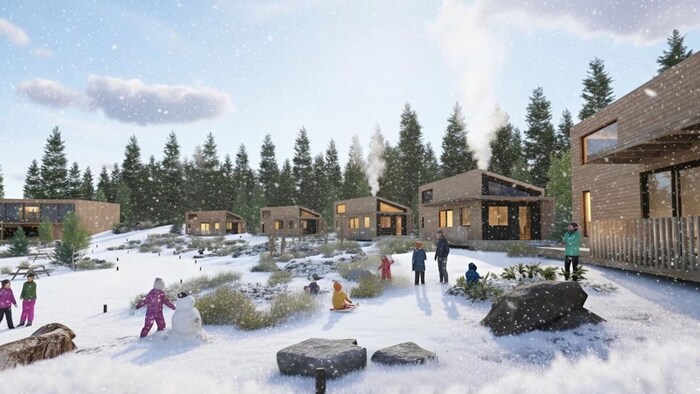 Des chalets dans un paysage hivernal.