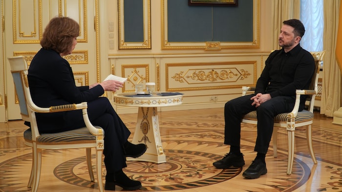 CÃ©line Galipeau and Volodymyr Zelensky in interview.
