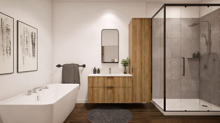 Bathroom with bathtub and window shower.