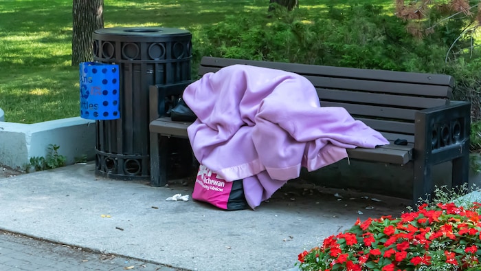 Une personne sans-abri dans le parc Victoria au centre-ville de Regina, en Saskatchewan, le 25 août 2022.