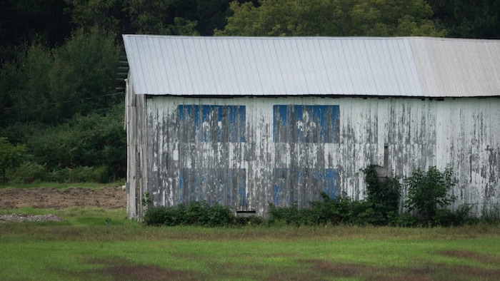 Une vieille grange avec, peint dessus, le drapeau du Québec, à proximité de Fort-Coulonge.
