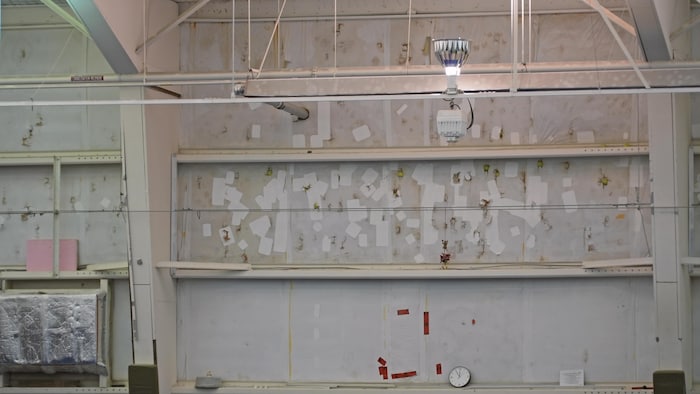 Une photo d'un mur intérieur du centre. L'usure du temps est perceptible.