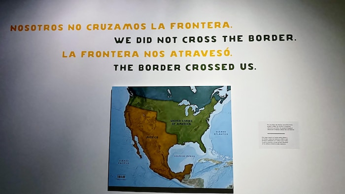 Map showing the border between Mexico and the United States in 1848.  This area is commonly referred to as Aztlan, the ancestral home mentioned in Mexican codices and oral histories.  The sentences are taken from the speech: Otro Corazón: geographies of love, Tomás Ybarra Frausto, 2018. 