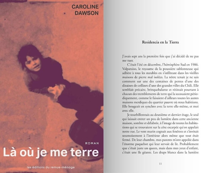 Page couverture et extrait du livre Là où je me terre de Caroline Dawson. 